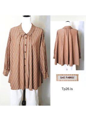 DAI FABRIC Silk Cotton Tunic Tops Brown White Striped Collar L-Sleeve Button S-M